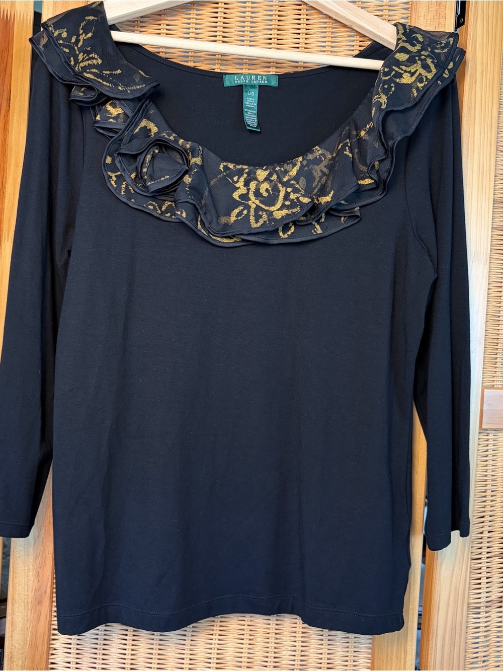 Ralph Lauren Black Long-Sleeve Top with Gold Floral Ruffle size L
